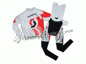 2011 Scott RC Pro White And Red Cycling Long Sleeve Jersey And Bib Pants Set